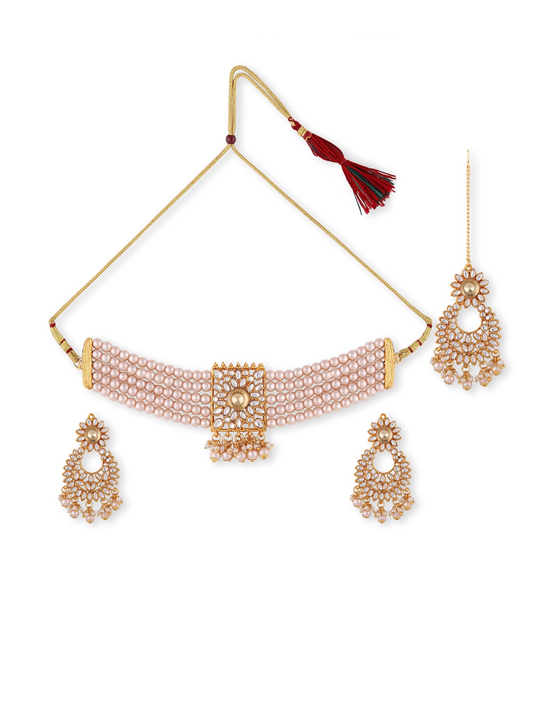 Swarajshop Gold-Plated White Kundan Studded & Beaded Jewellery Set