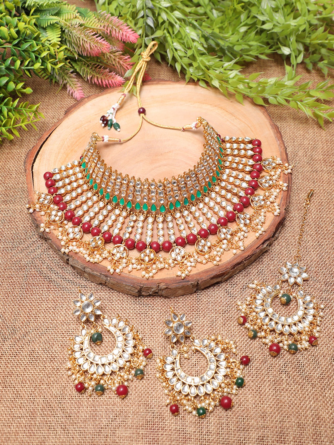 

Swarajshop Gold-Plated Maroon Kundan Studded Bridal Jewellery Set