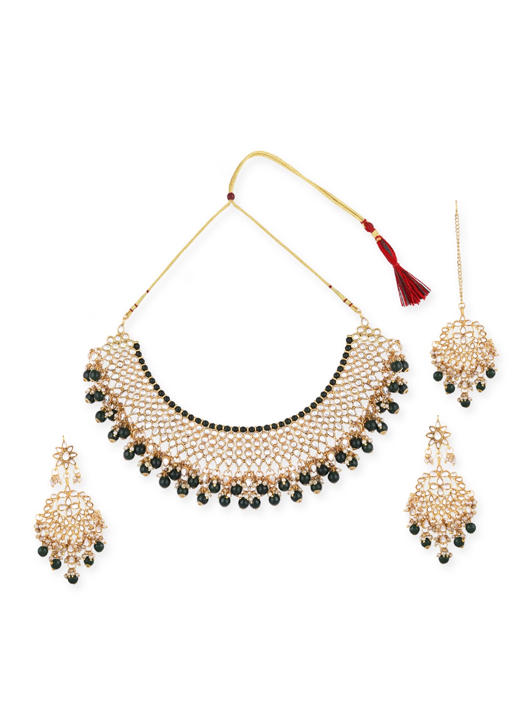 

Swarajshop Gold-Plated Green & White Kundan Studded & Beaded Jewellery Set