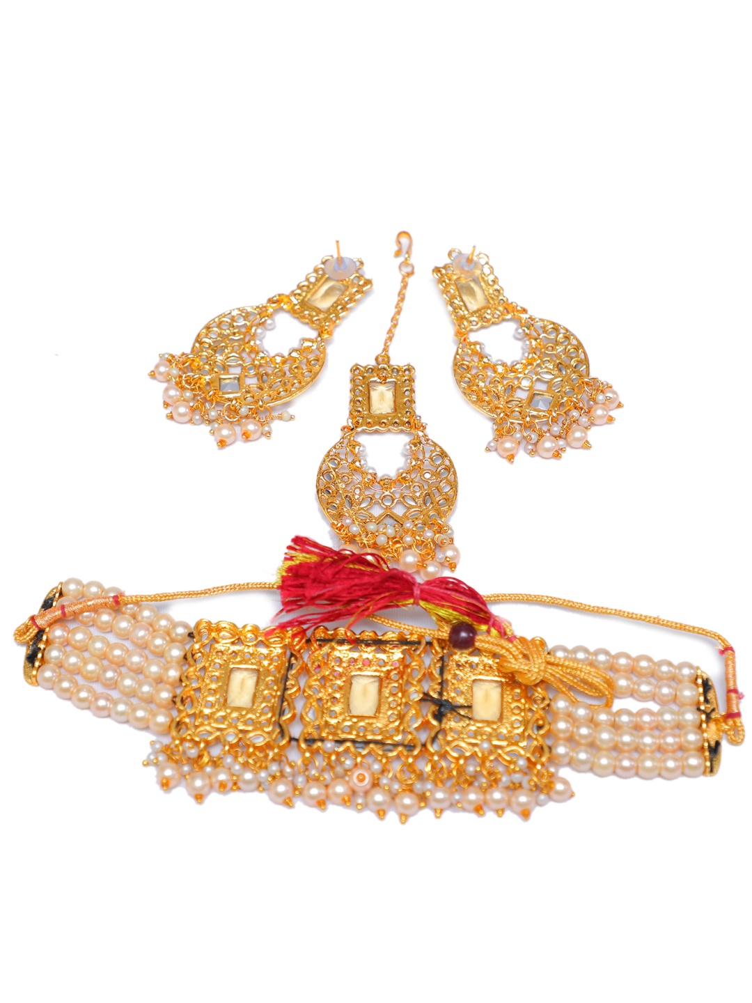 

Swarajshop Women Gold-Plated White Kundan Studded & Beaded Jewellery Set