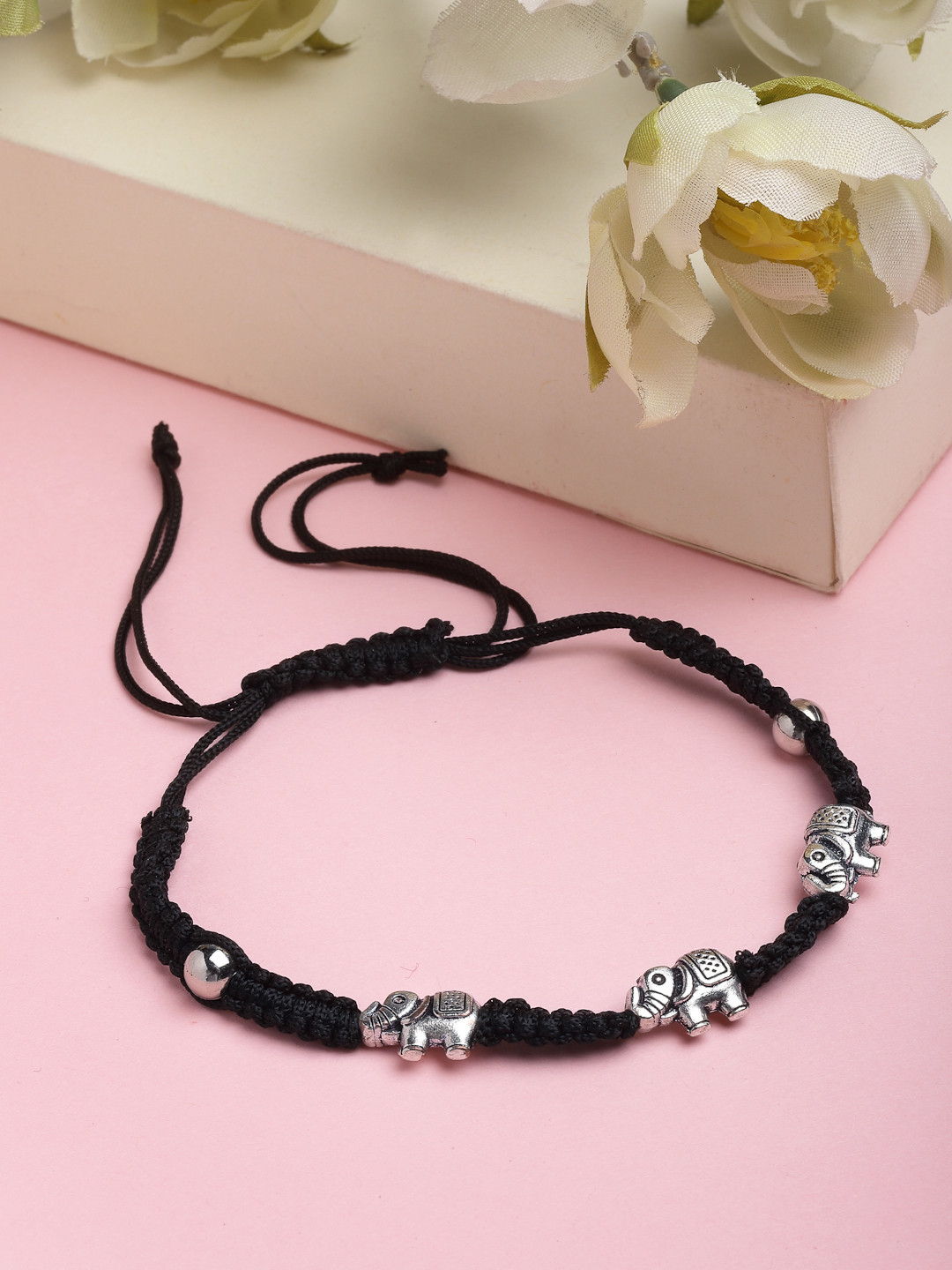 

PANASH Oxidized Silver-Toned Black Thread Anklet