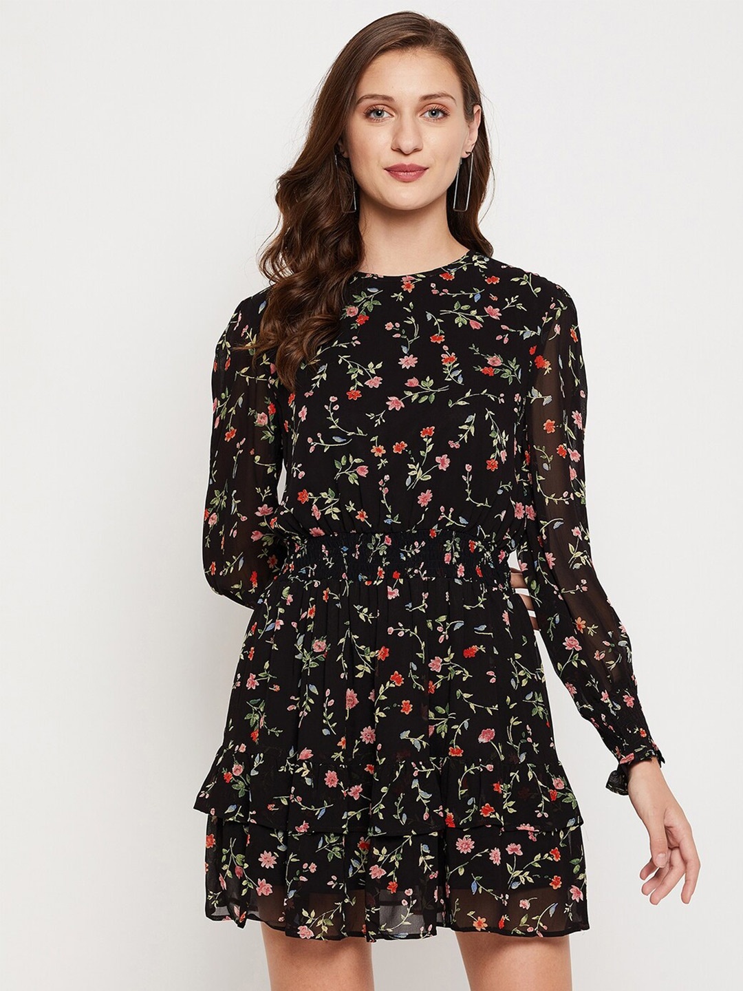

JUNE & HARRY Black & Green Floral Print Georgette Mini Dress