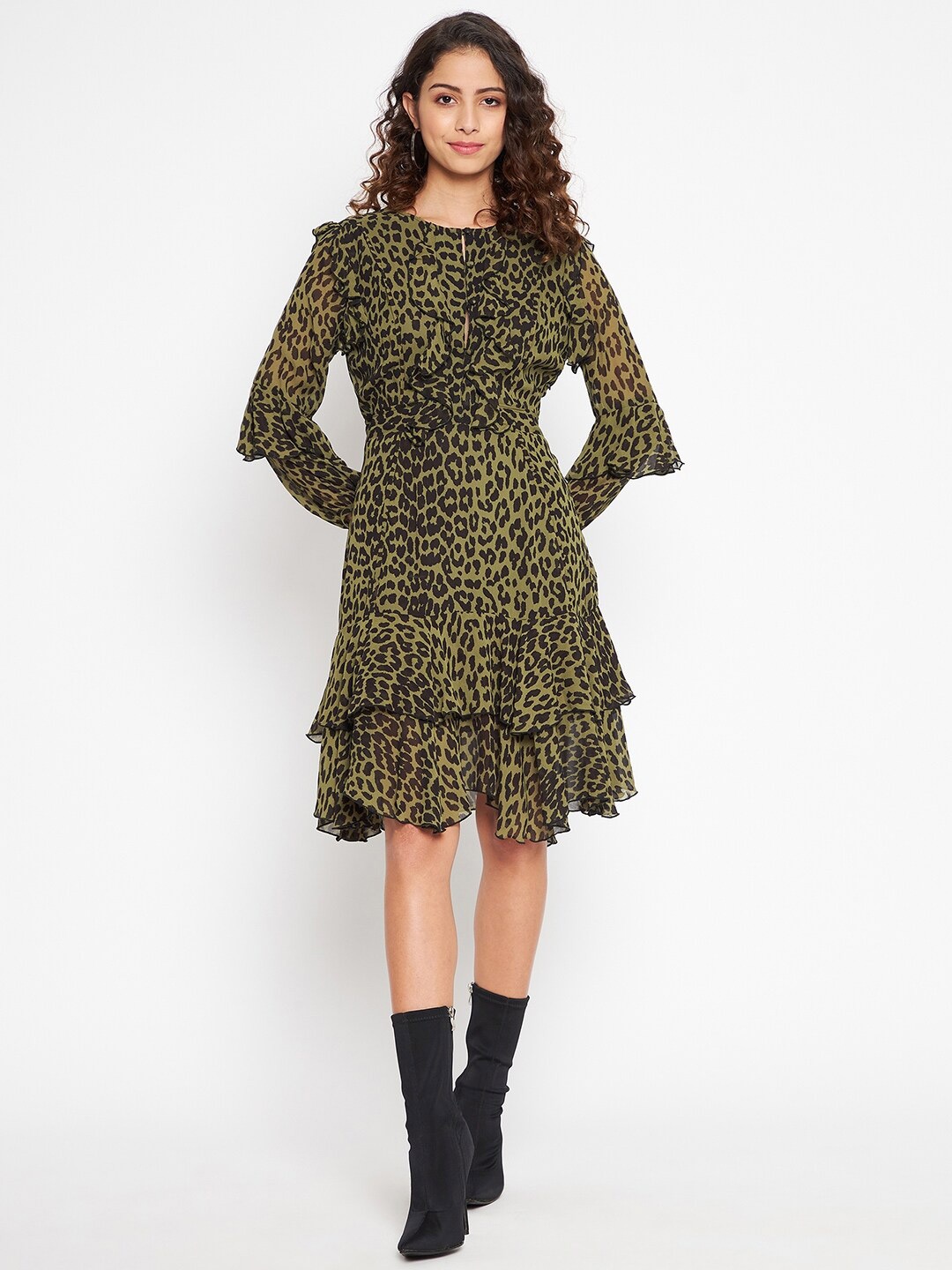 

JUNE & HARRY Green & Black Animal Georgette Dress
