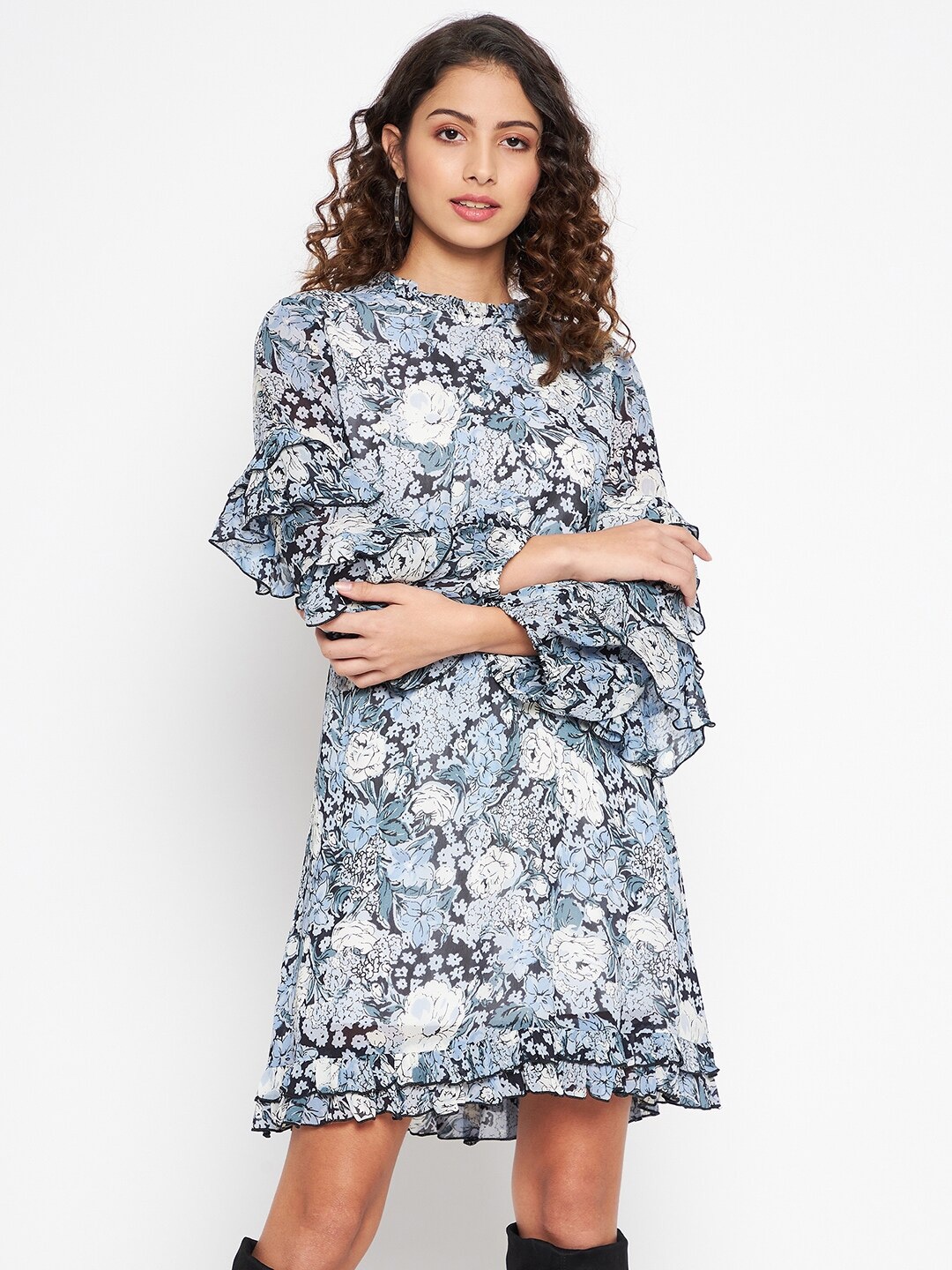 

JUNE & HARRY Women Blue Floral Georgette A-Line Dress