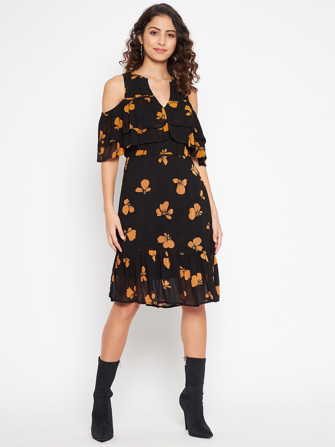 

JUNE & HARRY Black & brown Floral Print Georgette Dress
