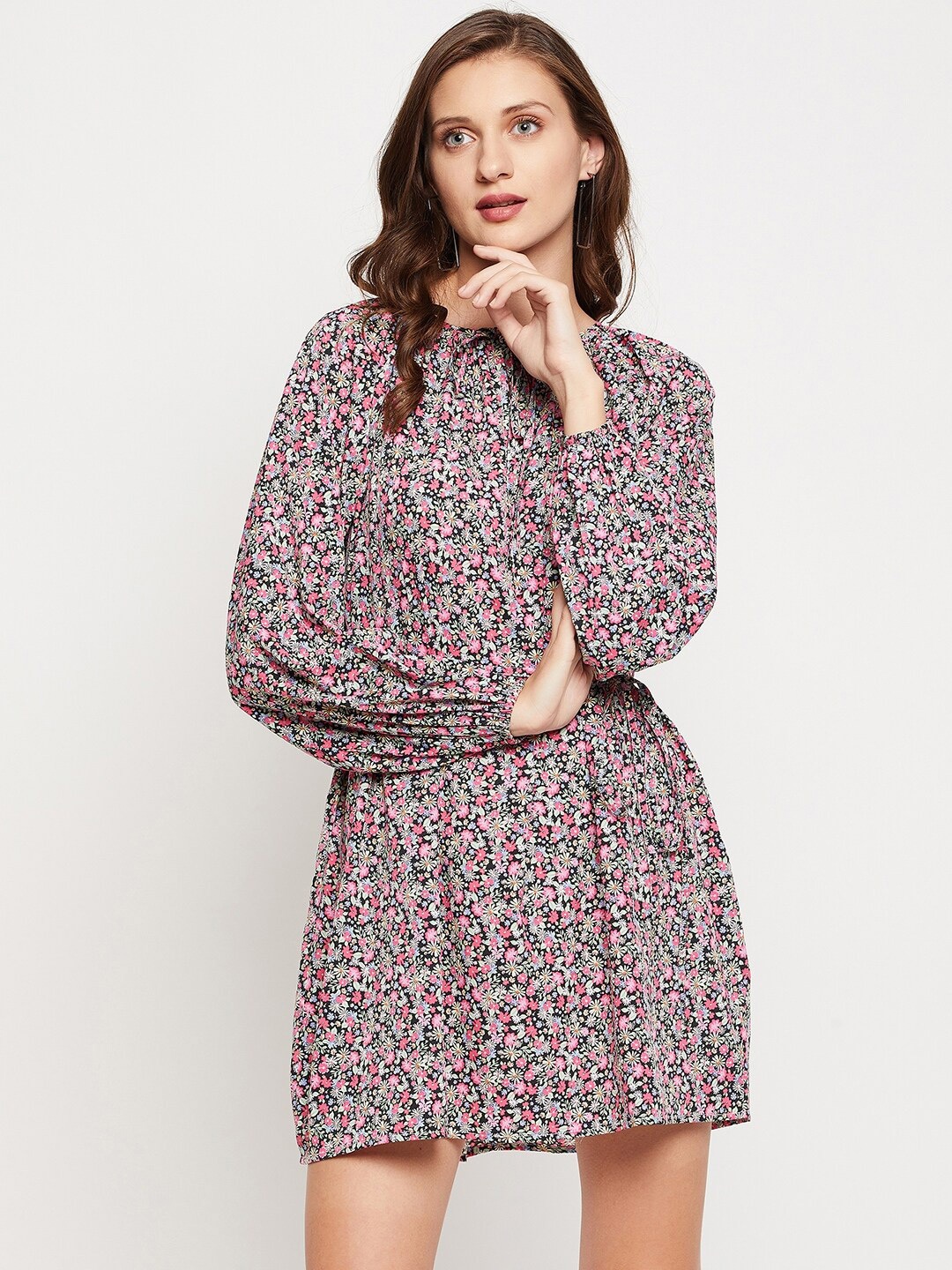 

JUNE & HARRY Women Multicoloured Floral Tie-Up Neck Crepe Mini Dress, Multi