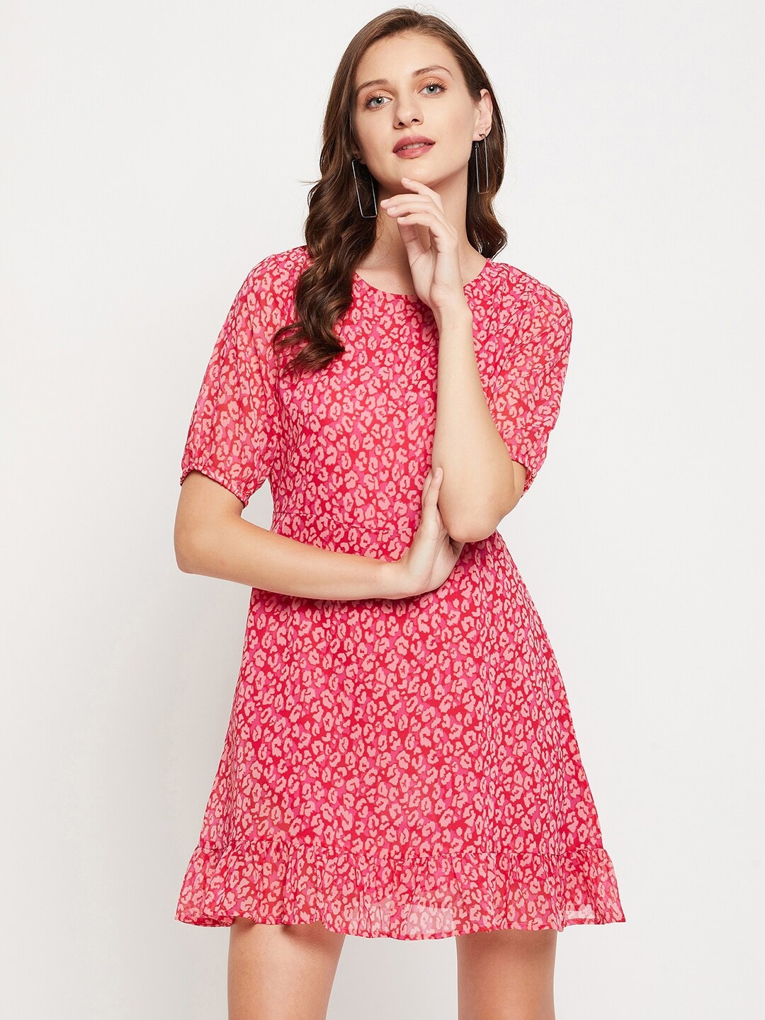 

JUNE & HARRY Pink Animal Georgette A-Line Dress