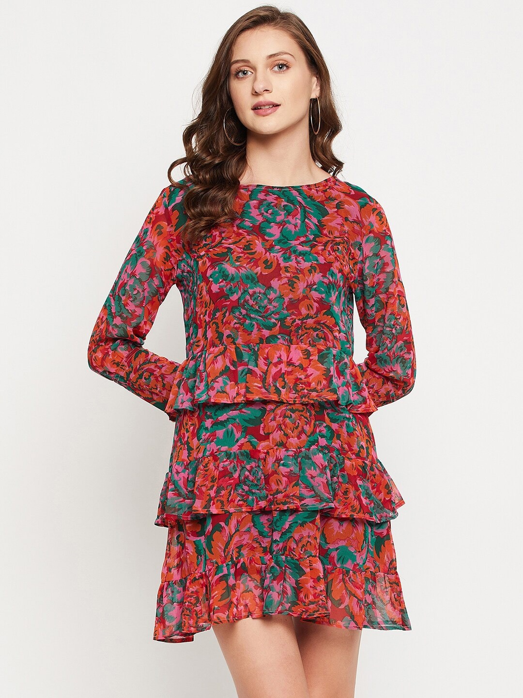 

JUNE & HARRY Women Red Floral Georgette Mini Dress