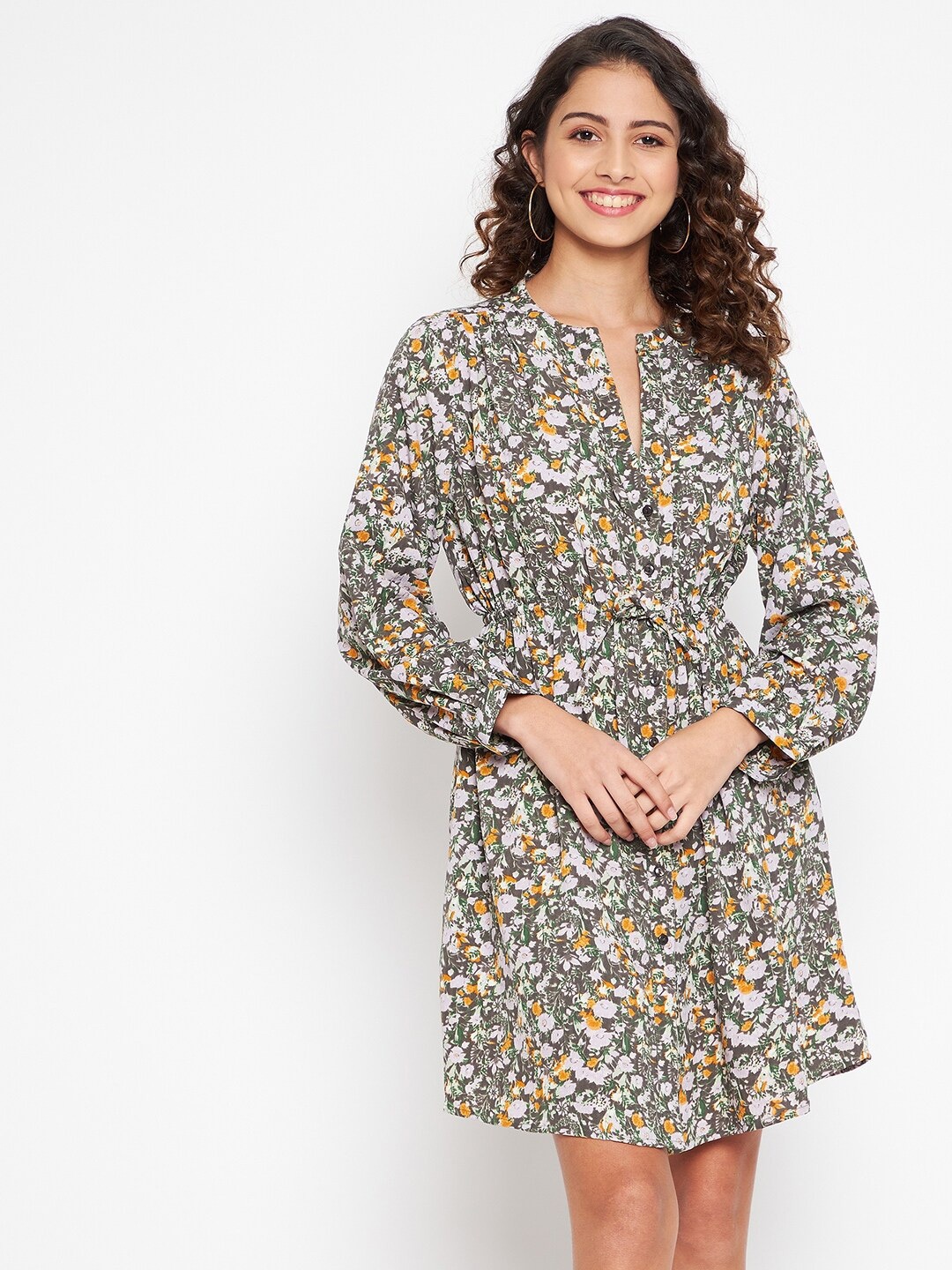 

JUNE & HARRY Women Olive Green Floral Crepe Dress