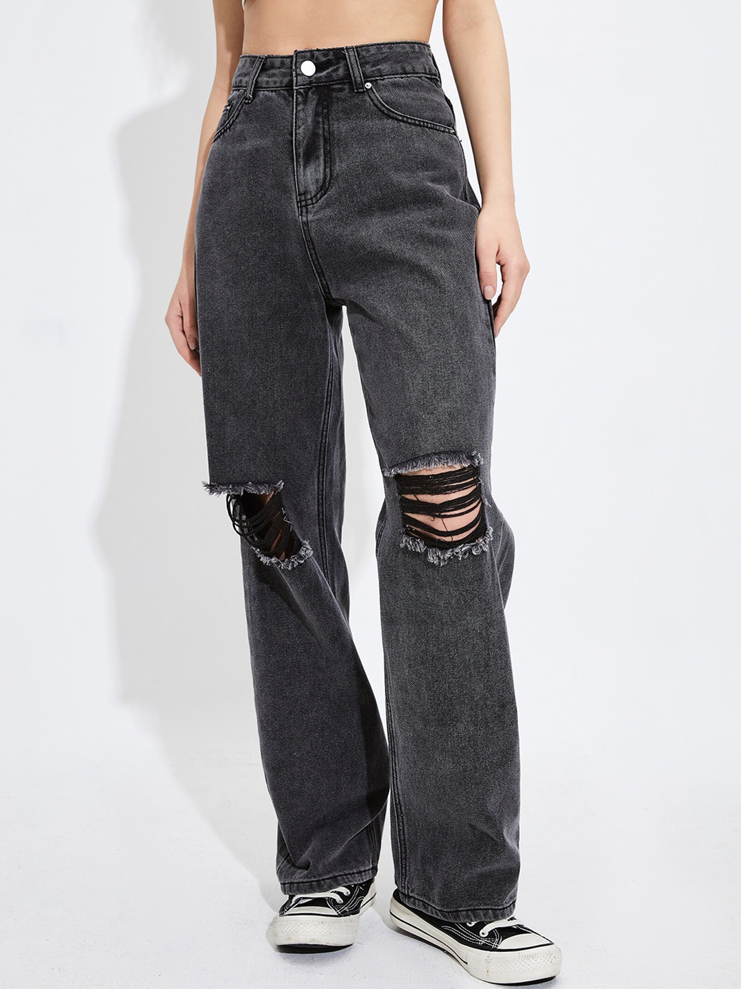 

URBANIC Women Grey Highly Distressed Wide Leg Jeans