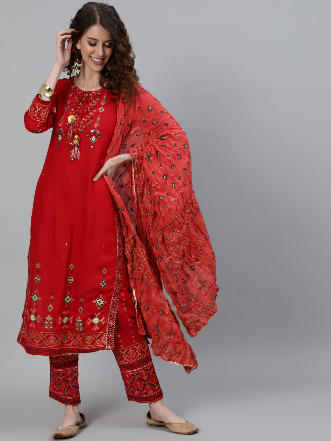 

Ishin Women Red Ethnic Motifs Printed Mirror Work Kurta With Trousers & Dupatta