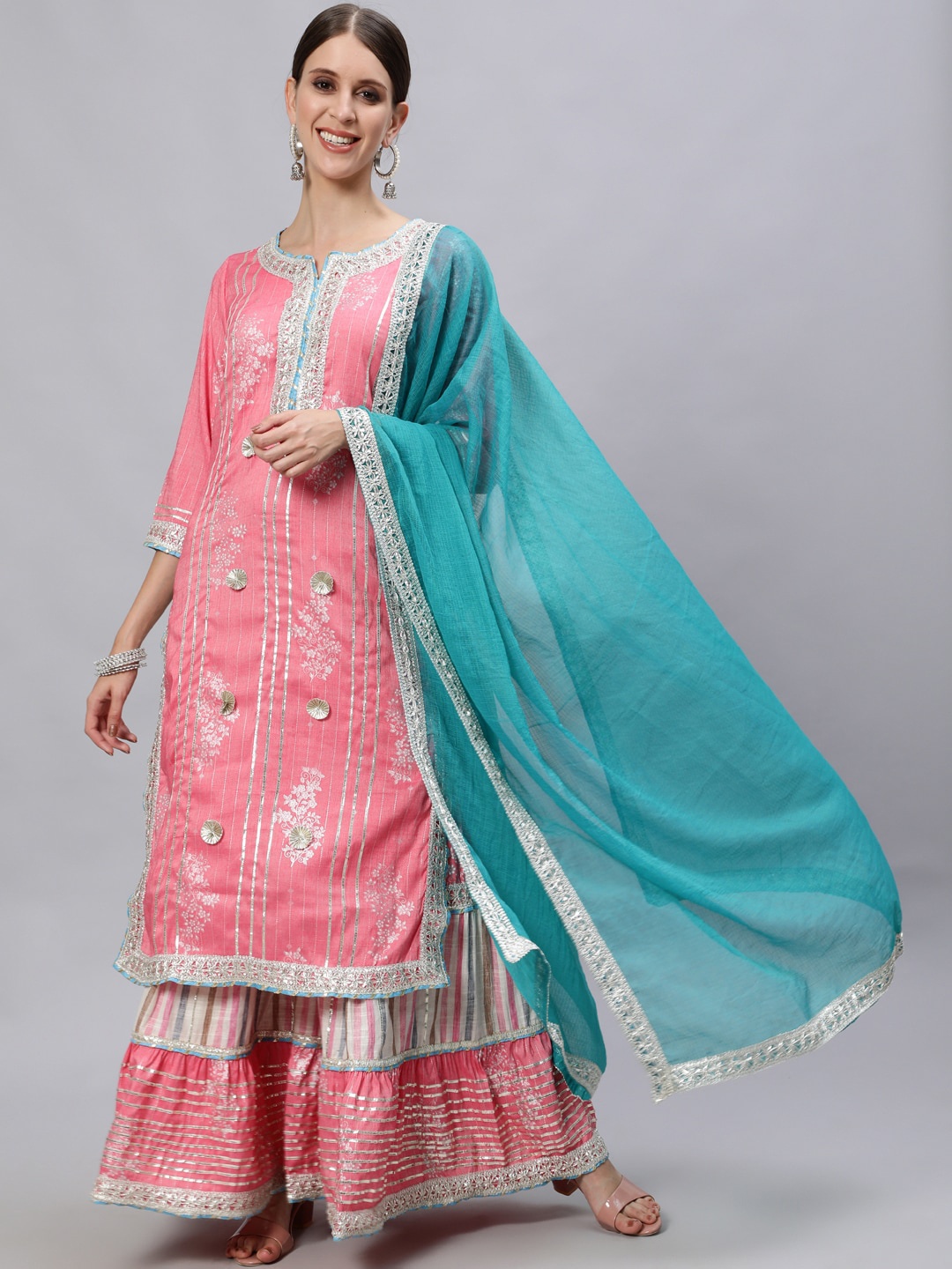 

Ishin Women Pink Floral Embroidered Gotta Patti Kurta with Sharara & With Dupatta