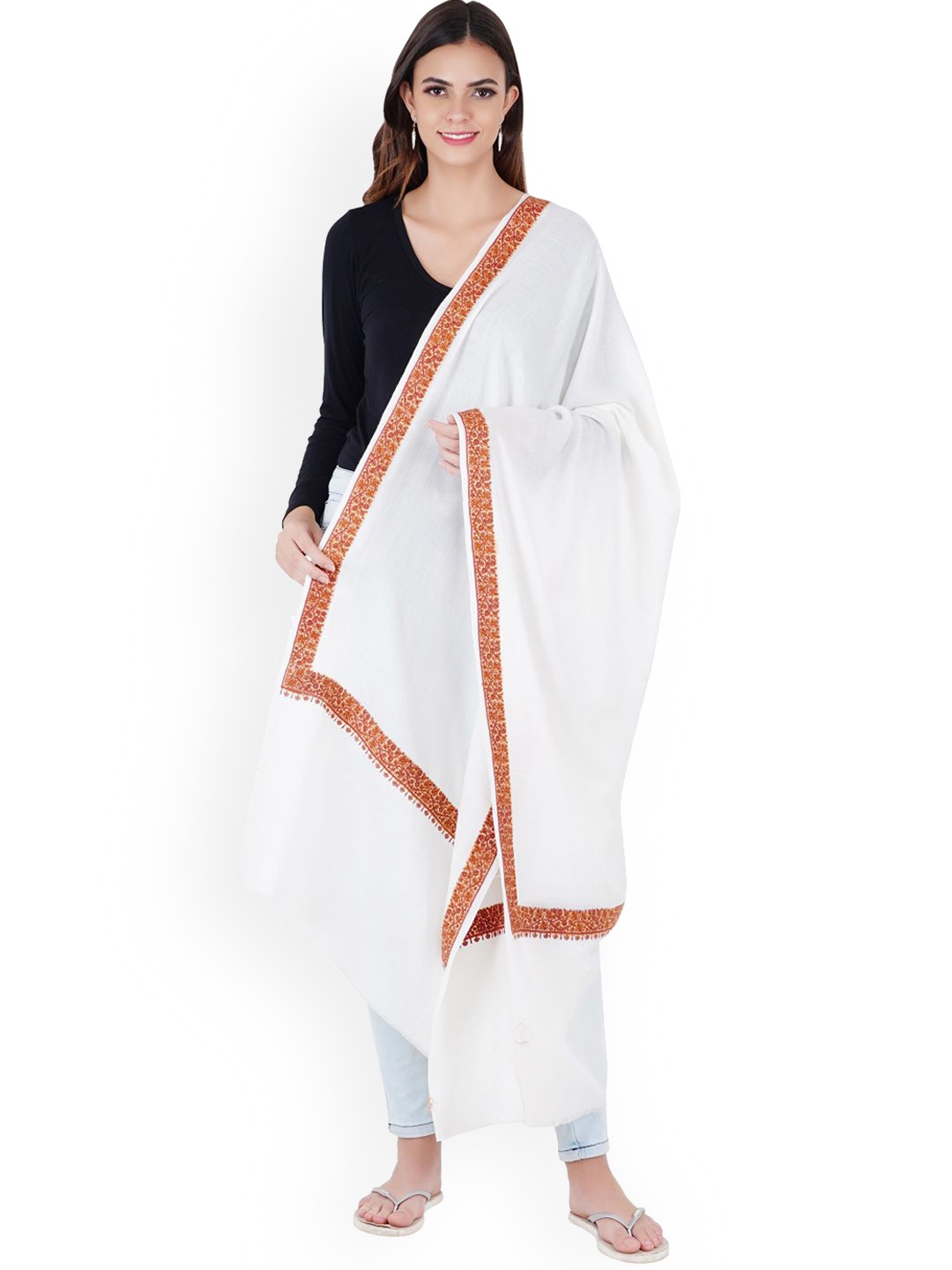 

MUFFLY White Embroidered Border Woolen Shawl