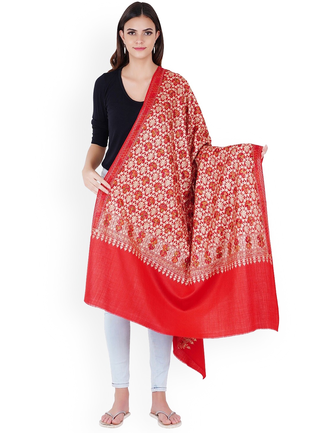 

MUFFLY Maroon Nalki Embroidery Pashmina Wool Shawl