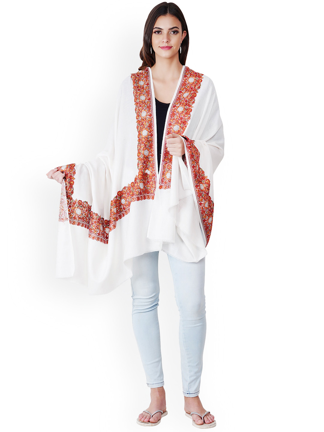 

MUFFLY White Nalki Embroidered Pashmina Woolen Sustainable Shawl