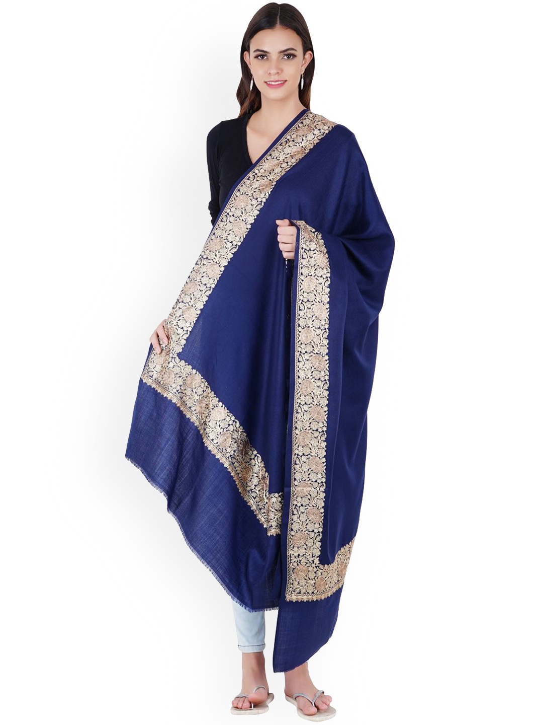 

MUFFLY Blue & Gold-Coloured Wool Nalki Embroidered Shawl, Navy blue
