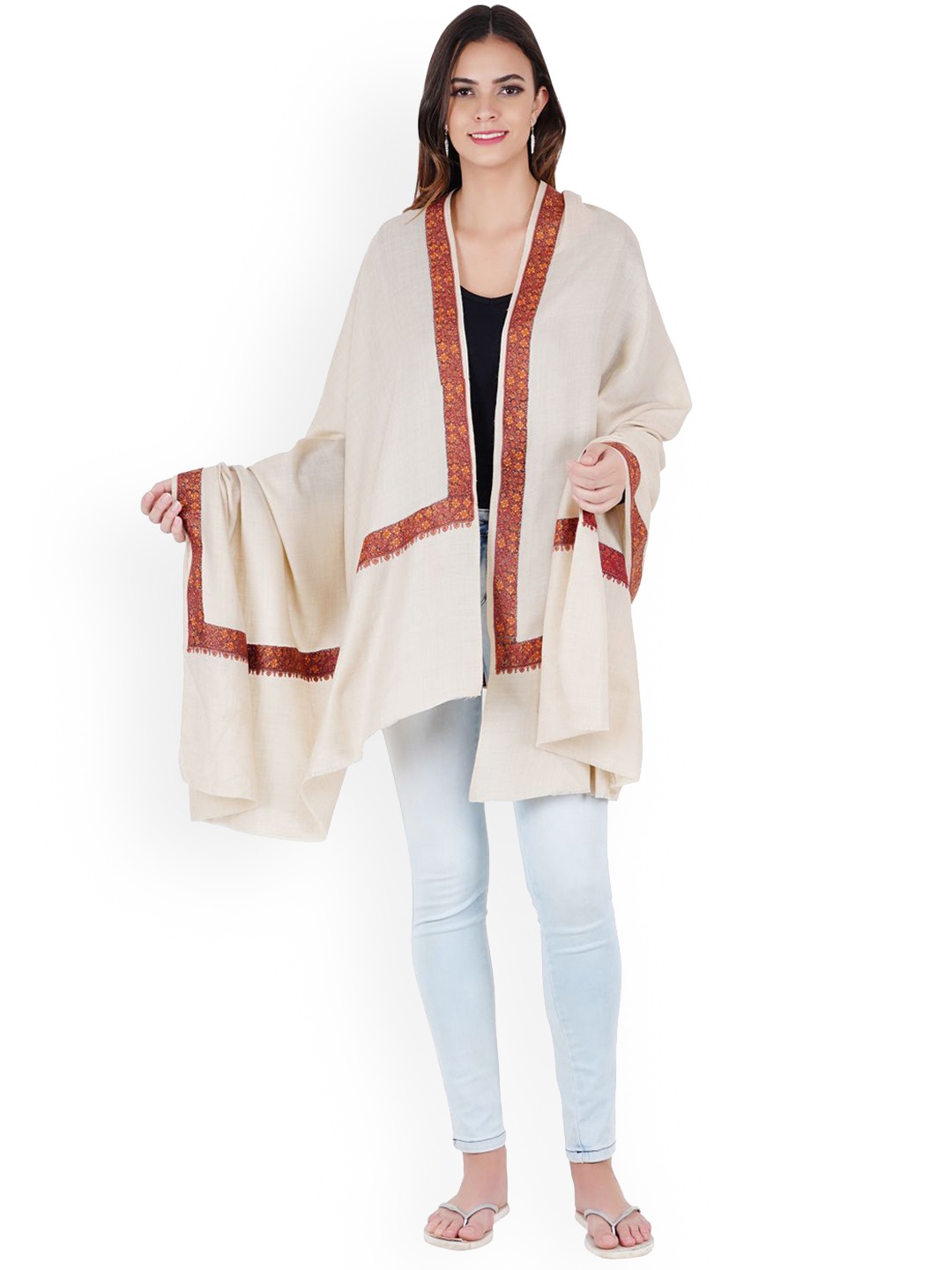 

MUFFLY Off White Solid Nalki Embroidery Pashmina Woolen Shawl