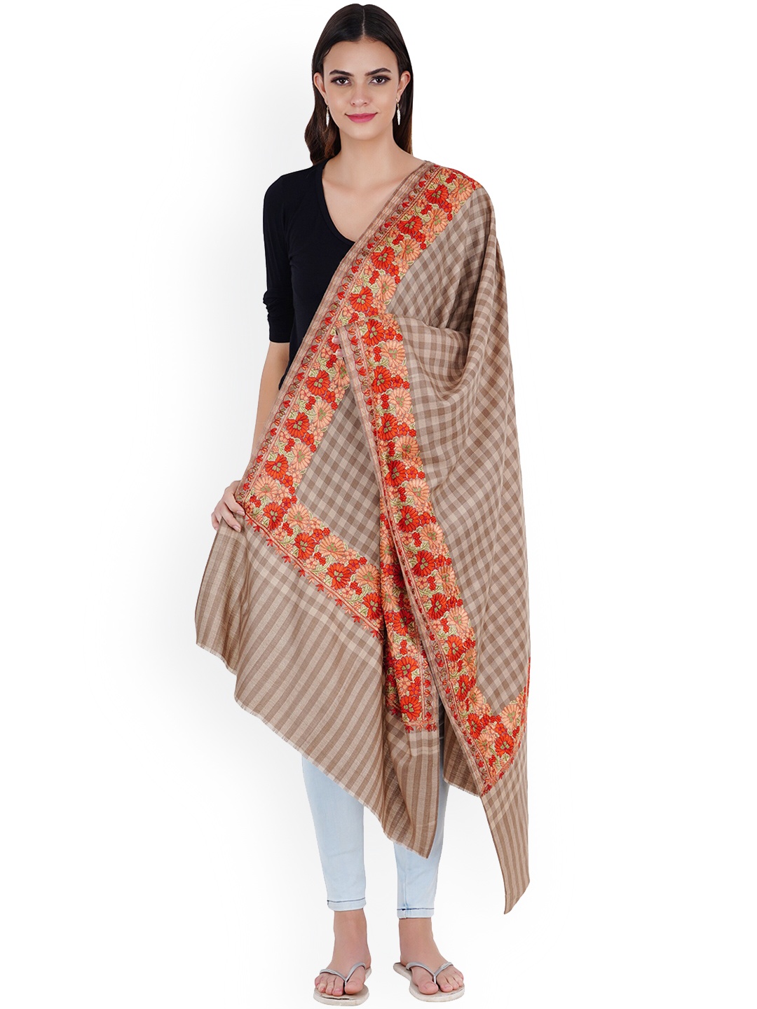 

MUFFLY Brown Nalki Border Embroidered Pashmina Wool Shawl