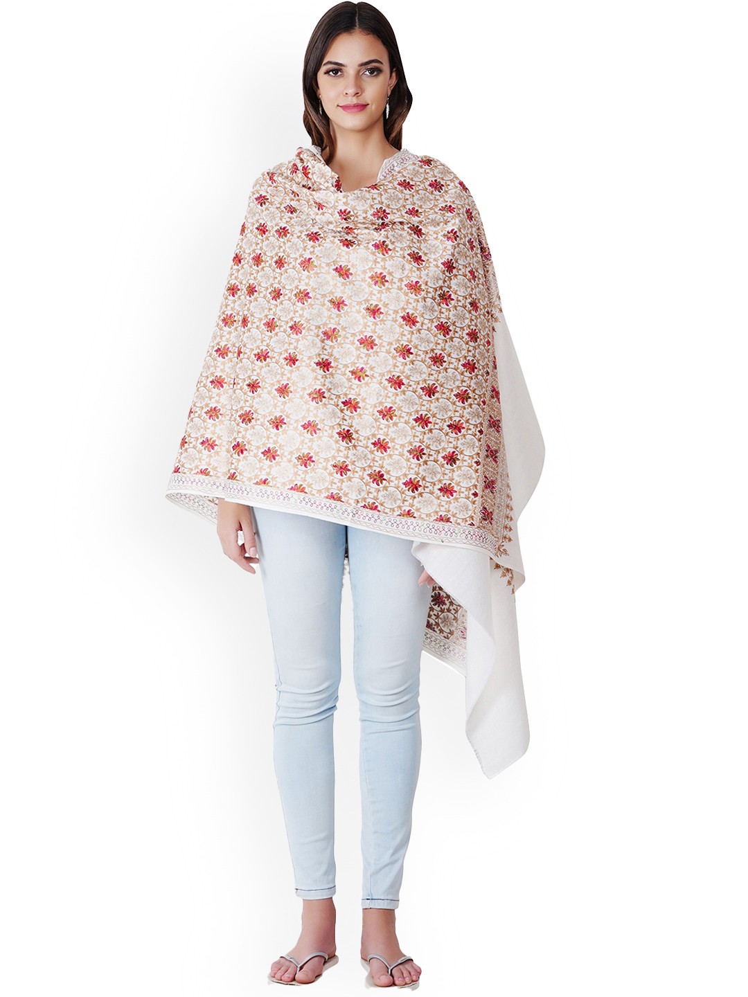 

MUFFLY White Nalki Embroidery Pashmina Woolen Shawl