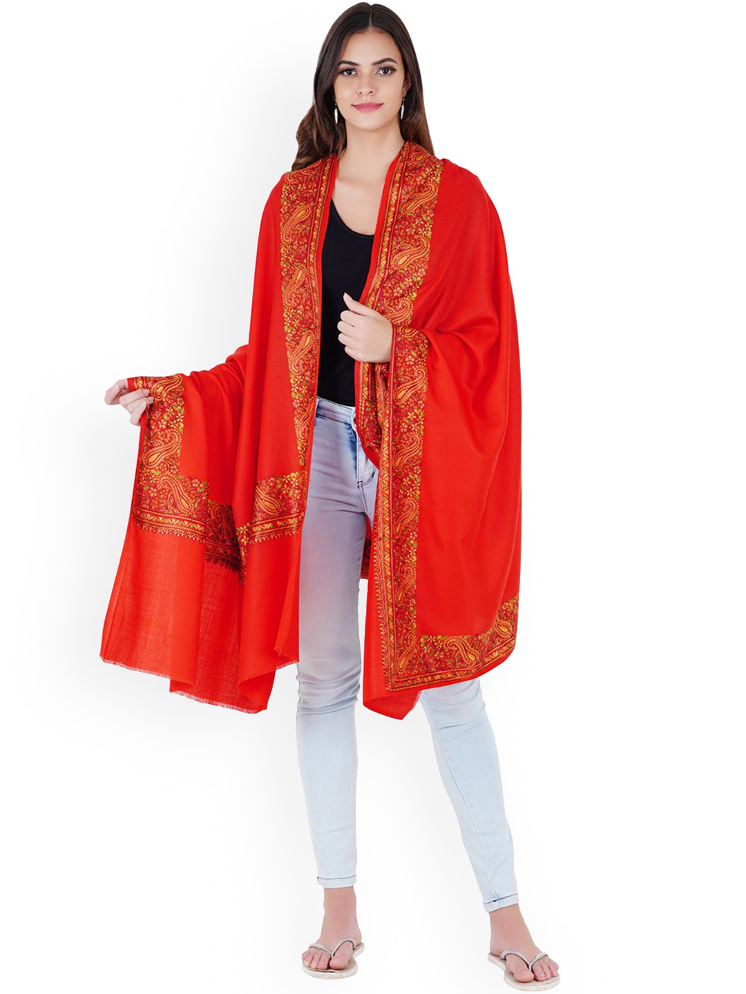 

MUFFLY Maroon Woven Design Woolen Border Embroidered Shawl