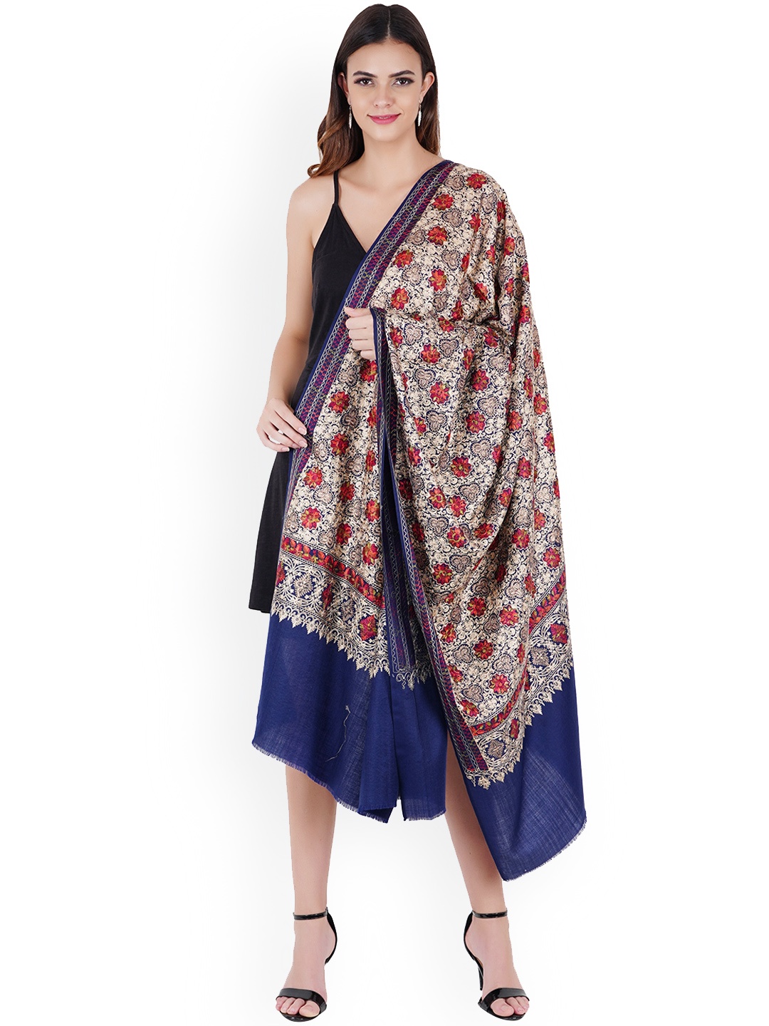 

MUFFLY Blue Embroidered Silky Pashmina Wool Shawl With Nalki Border