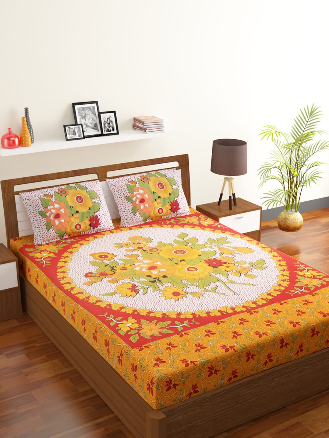 

Rubix Home Yellow & Green Floral 104 TC Queen Bedsheet with 2 Pillow Covers