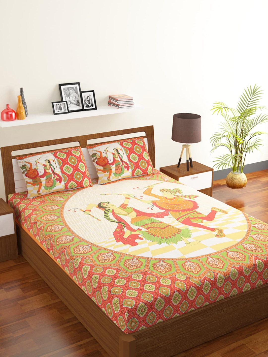 

Rubix Home Orange & Red Ethnic Motifs 104 TC Queen Bedsheet with 2 Pillow Covers