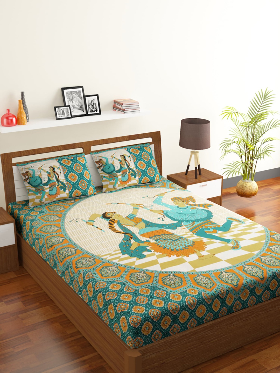 

Rubix Home Green & Blue Ethnic Motifs 104 TC Queen Bedsheet with 2 Pillow Covers