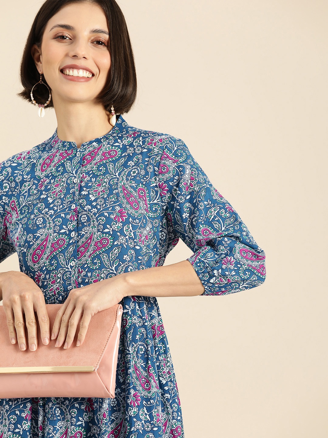 

Anouk Women Blue & Off White Floral Printed Ethnic A-Line Midi Dress