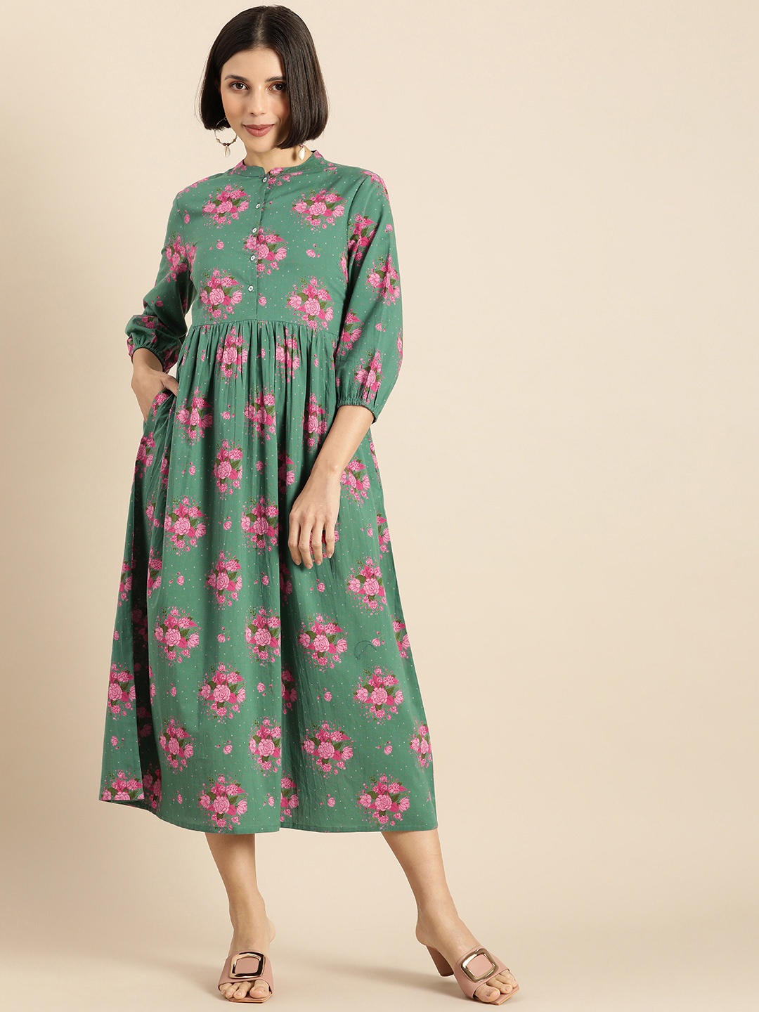 

Anouk Women Green & Pink Floral Printed Gathered A-Line Midi Dress