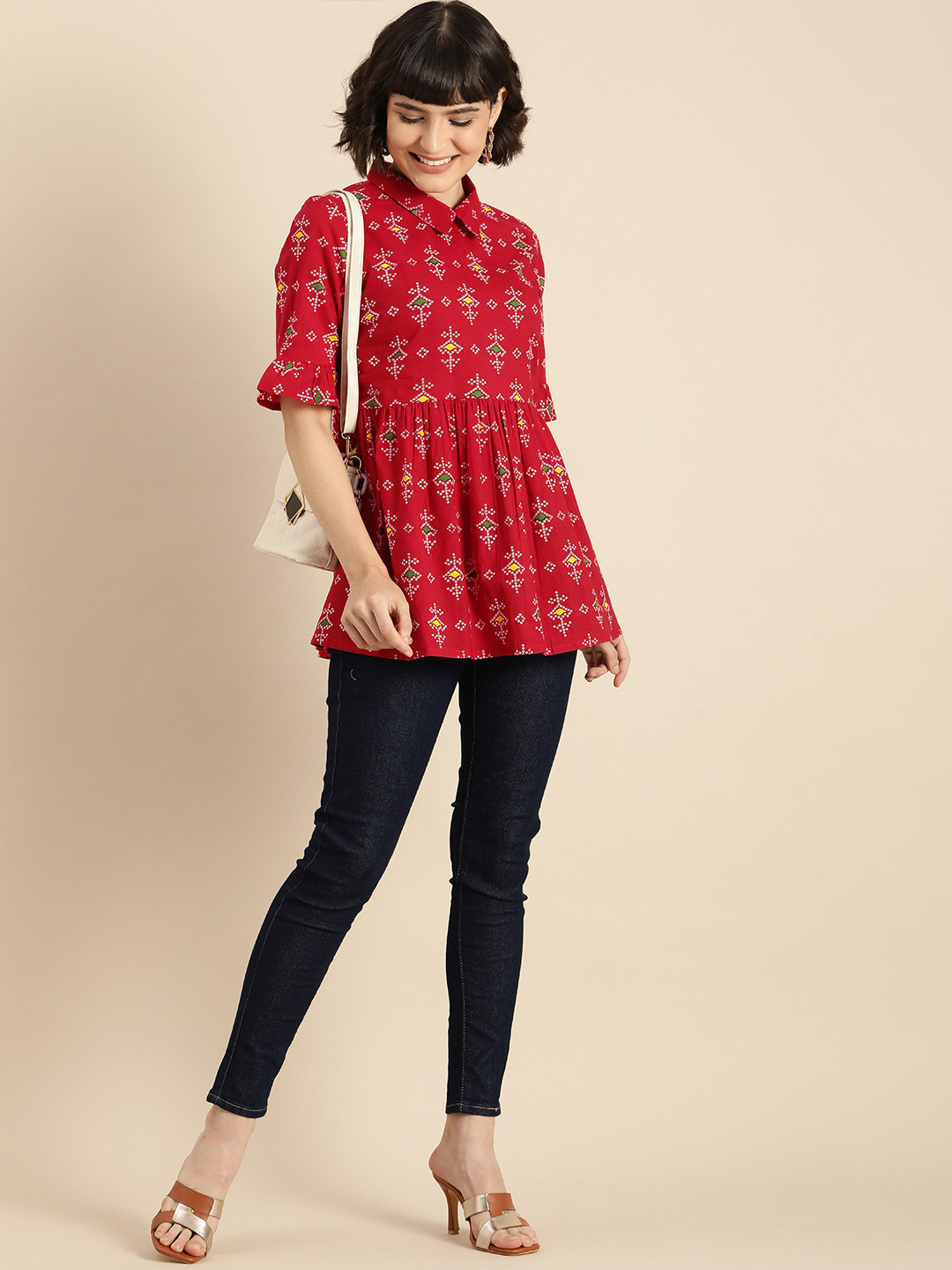 

Anouk Women Red & White Printed Pure Cotton A-line Top