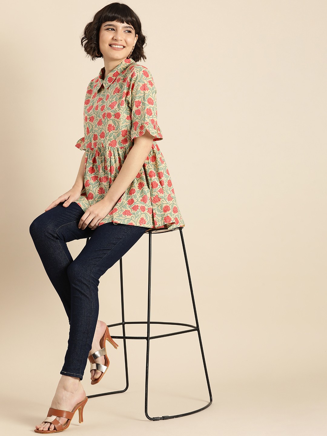 

Anouk Women Beige & Green Floral Print Gathered Pure Cotton A-Line Top