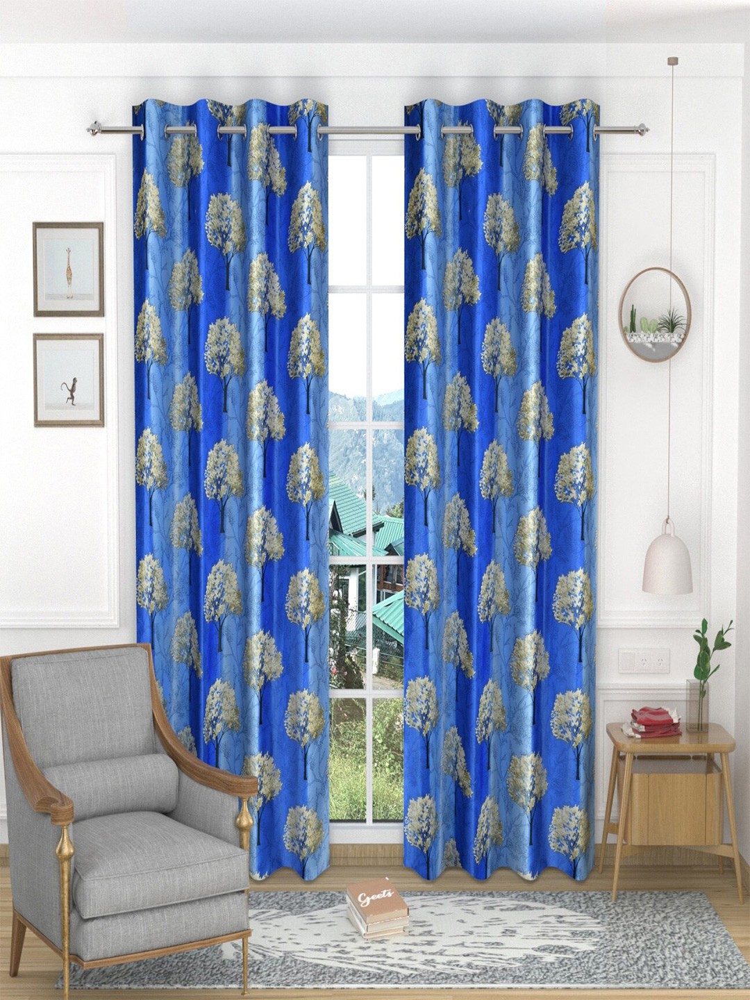 

Homefab India Blue & Beige Set of 2 Floral Printed Door Curtains