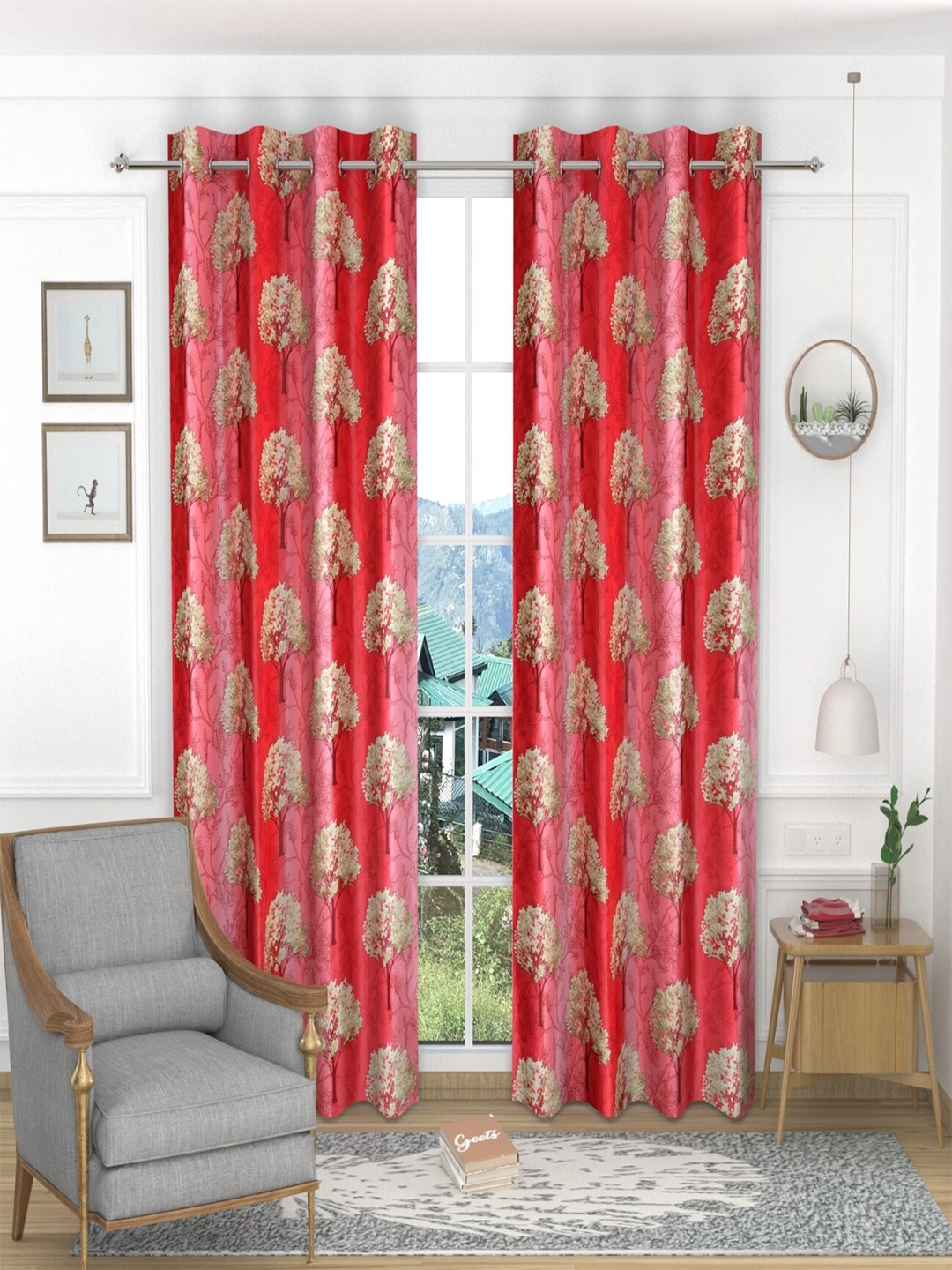 

Homefab India Red & Beige Set of 2 Floral Window Curtain