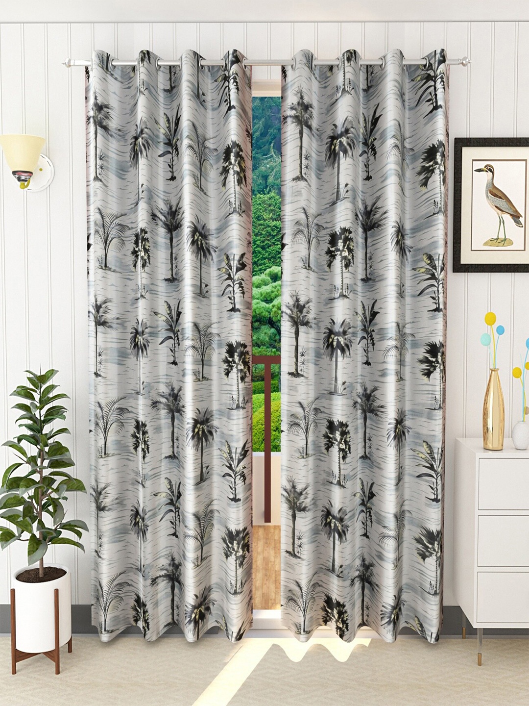 

Homefab India Grey & Black Set of 2 Floral Long Door Curtain