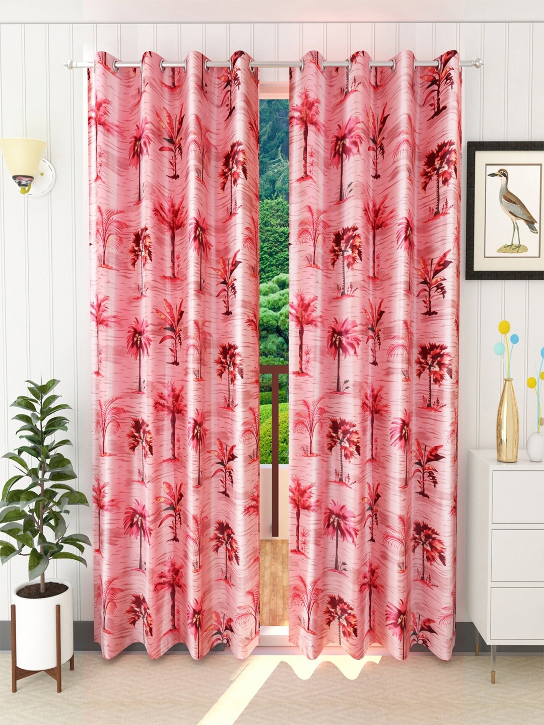 Homefab India Pink Set of 2 Floral Long Door Curtain