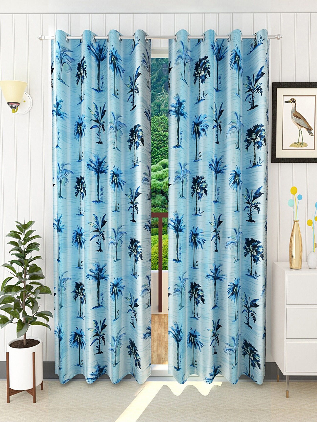 Homefab India Blue & Navy Blue Set of 2 Floral Door Curtain