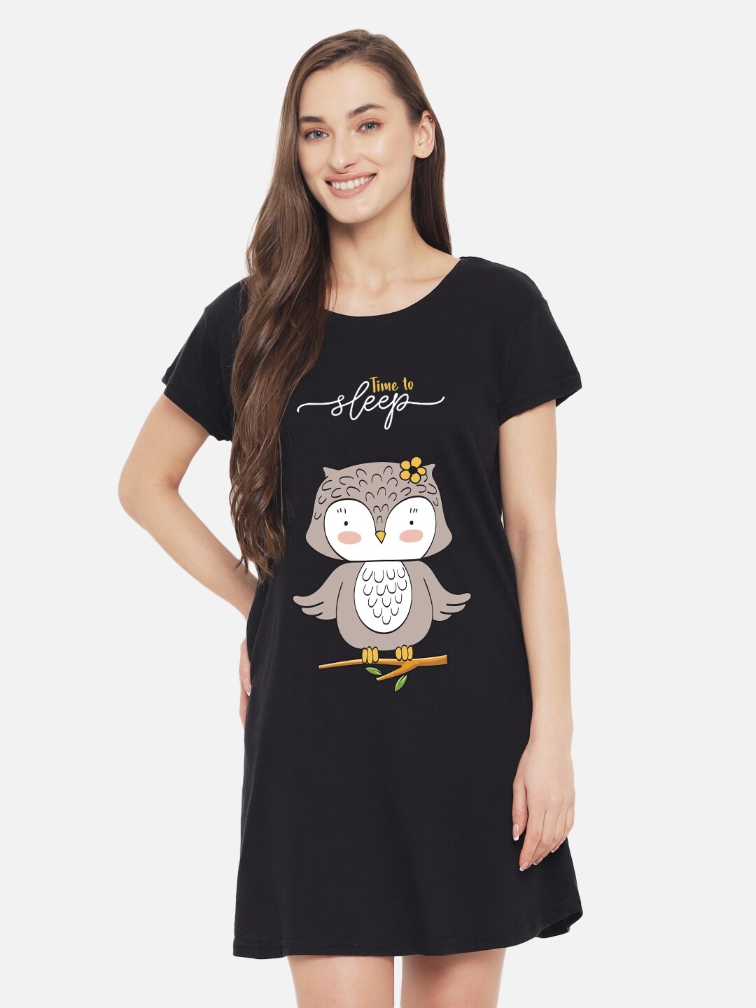 

FFLIRTYGO Black Printed T-Shirt Nightdress