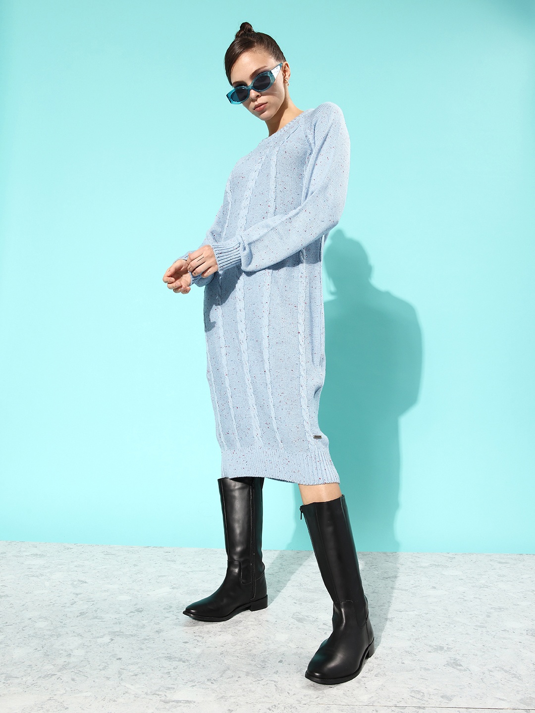 

Roadster Women Blue Self-Design Knits Bits Dress