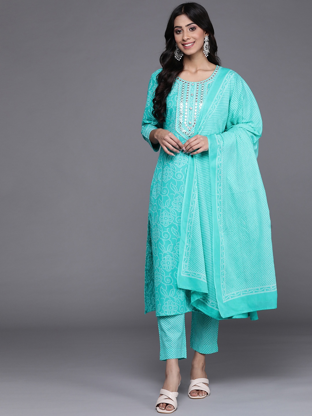 

Varanga Women Blue Bandhani Printed Mirror Work Pure Cotton Kurta with Trousers & Dupatta