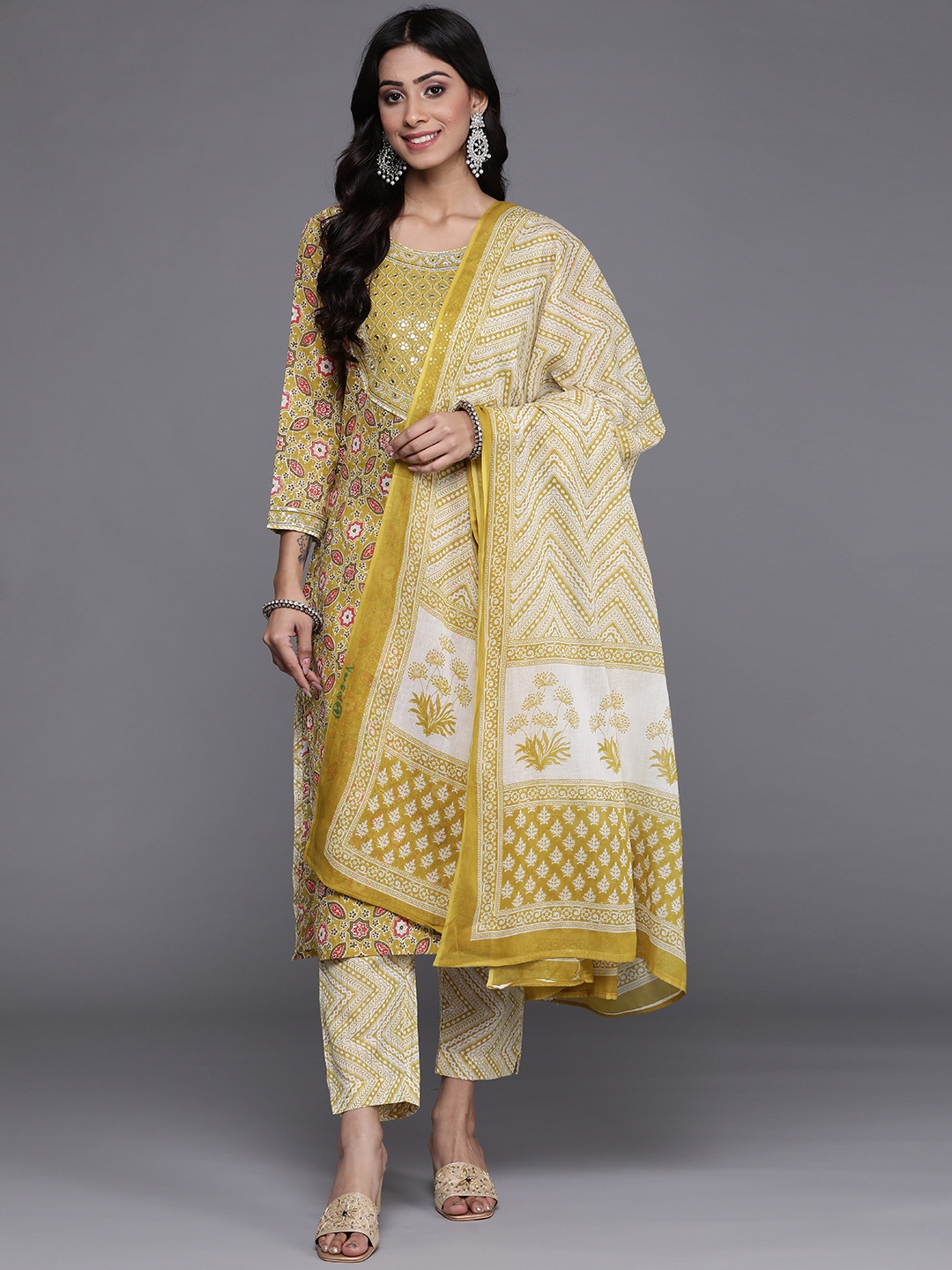 

Varanga Women Lime Green & Off White Printed Pure Cotton Kurta with Trousers & Dupatta