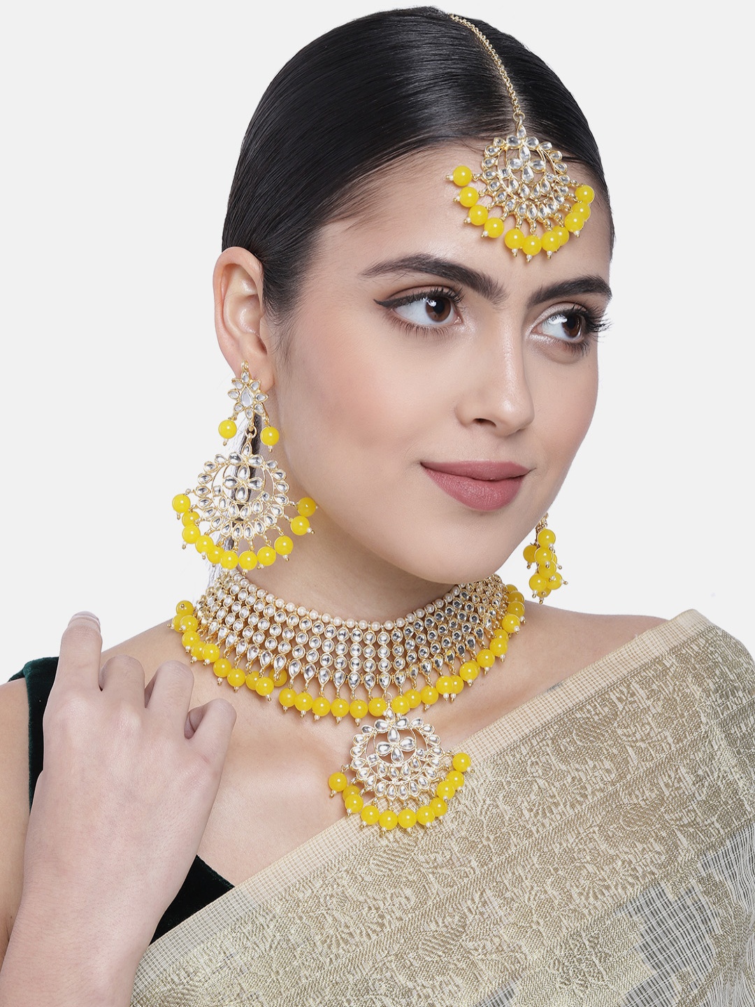 

I Jewels Gold-Plated & Yellow Kundan Studded Chocker Jewellery Set