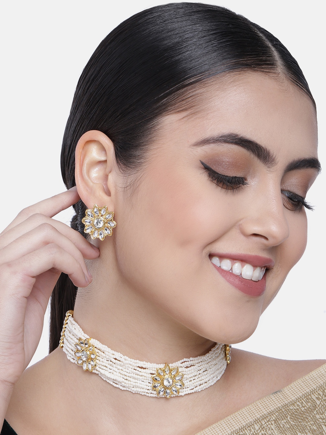 

I Jewels Gold-Plated & White Floral Studded Choker Jewellery Set