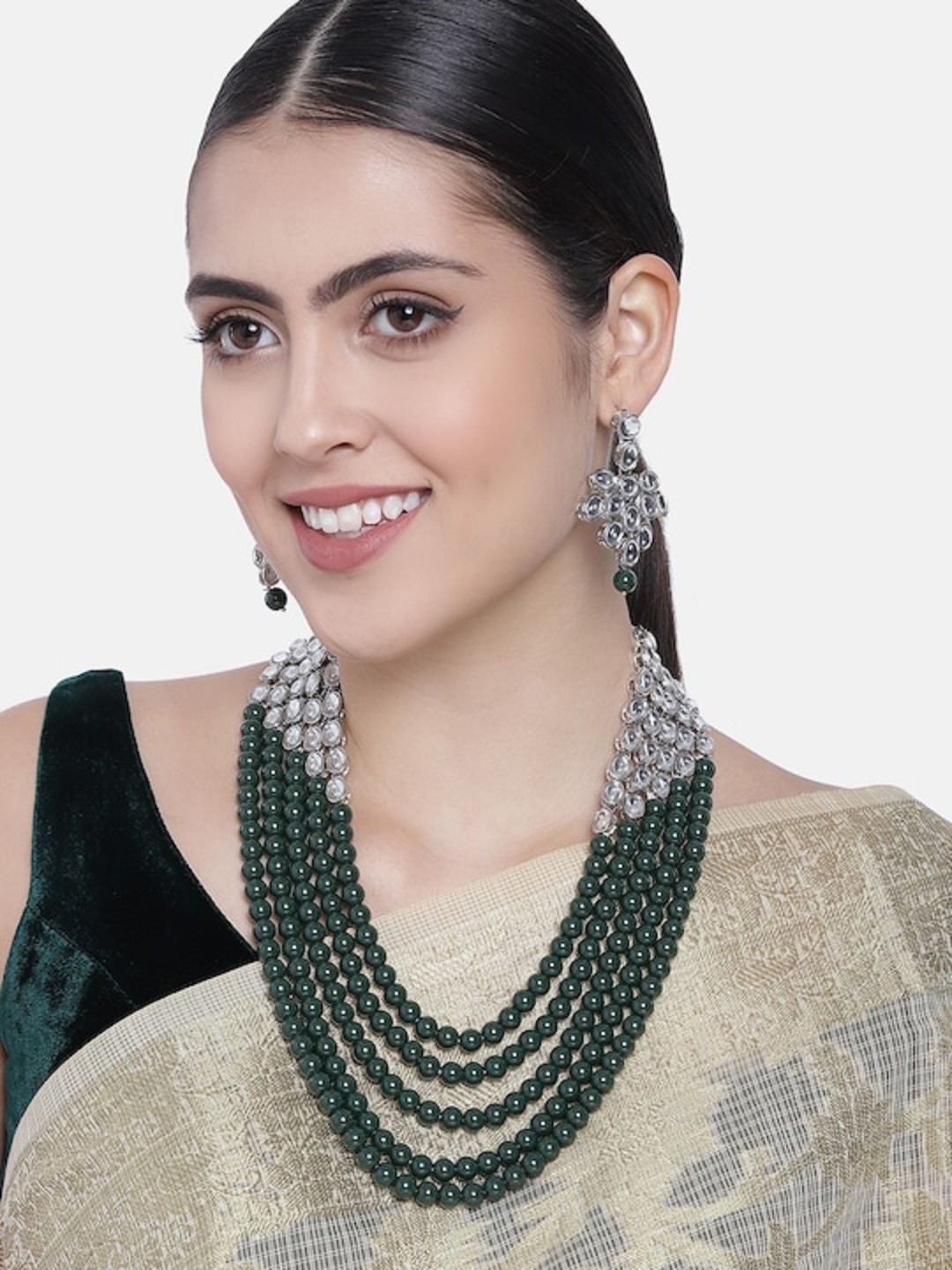 

I Jewels Silver-Toned & Green Rhodium-Plated Kundan Studded Jewellery Set