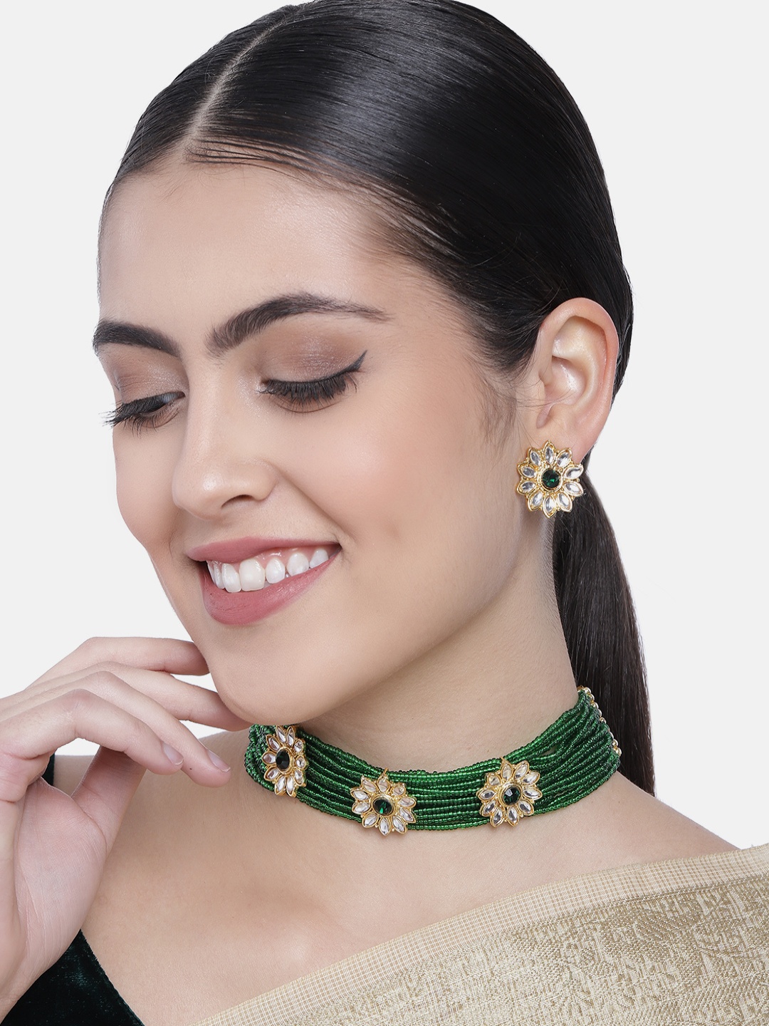 

I Jewels Gold-Plated & Green Floral Studded Choker Jewellery Set