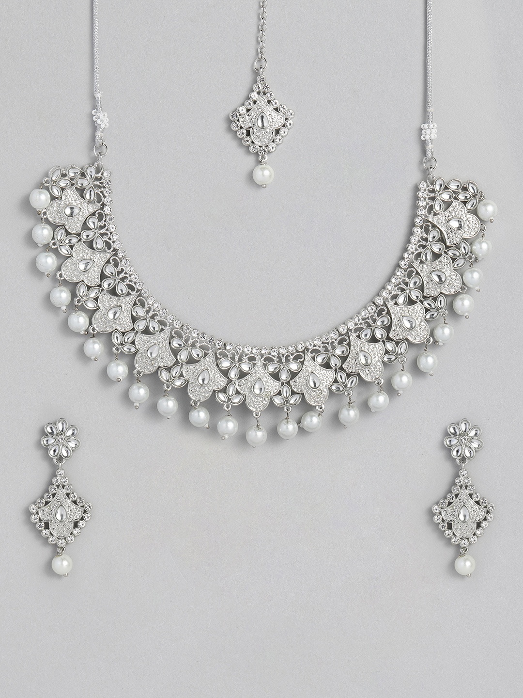 

I Jewels White Rhodium-Plated Stone Studded Necklace Jewellery Set, Silver