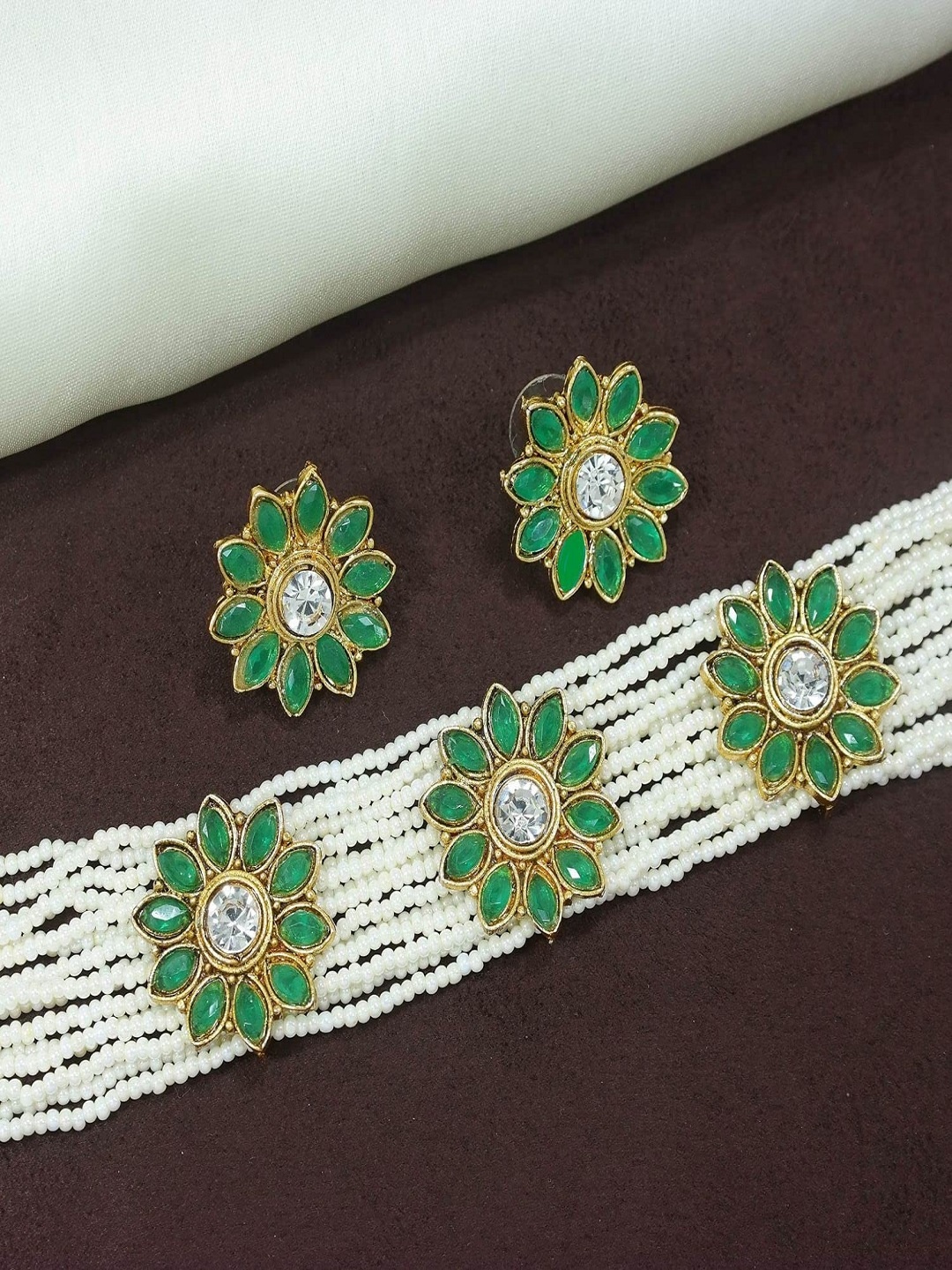 

I Jewels Gold-Plated & White Floral Studded Choker Jewellery Set, Green