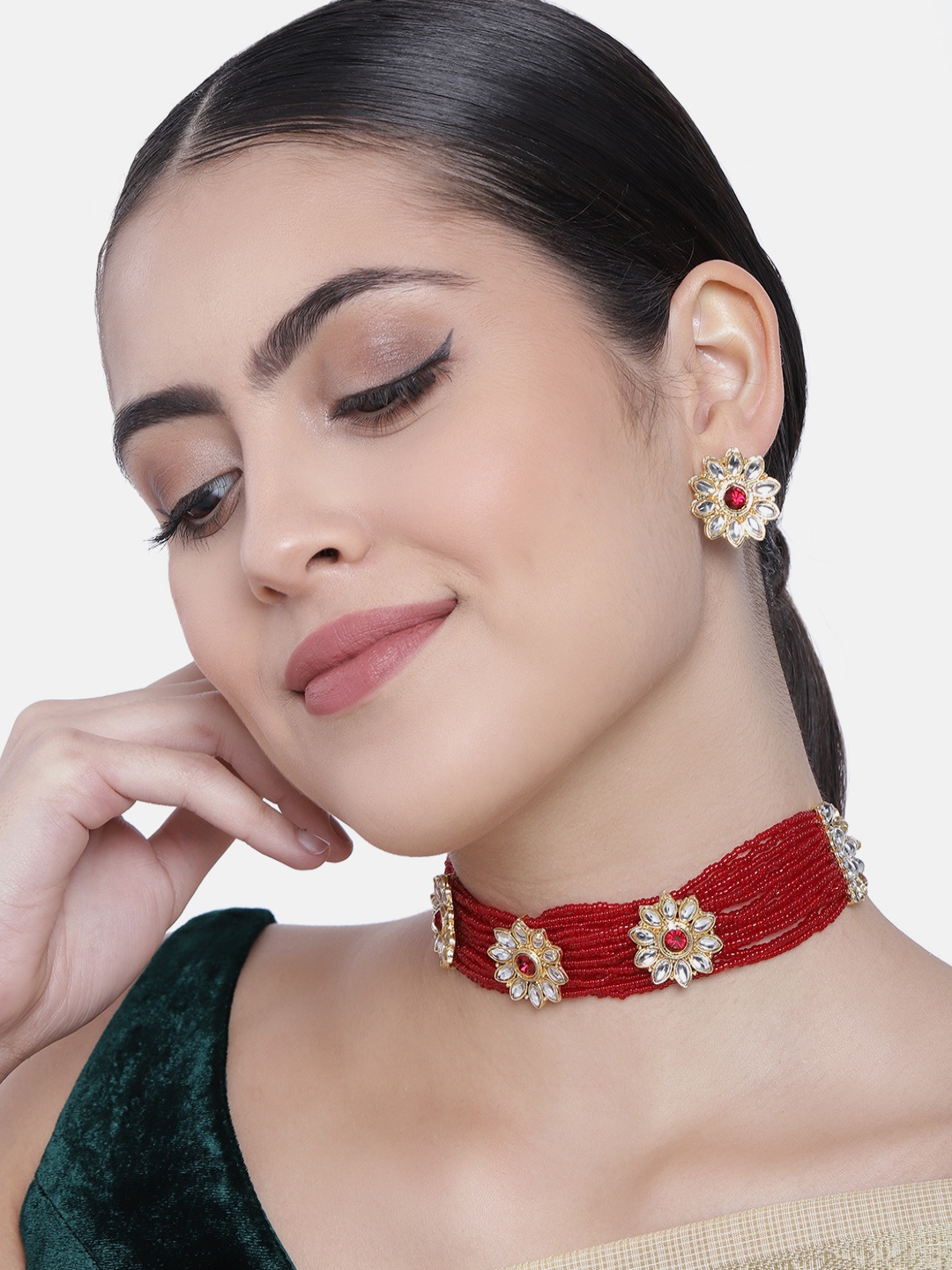 

I Jewels Gold-Plated & Maroon Floral Studded Choker Jewellery Set