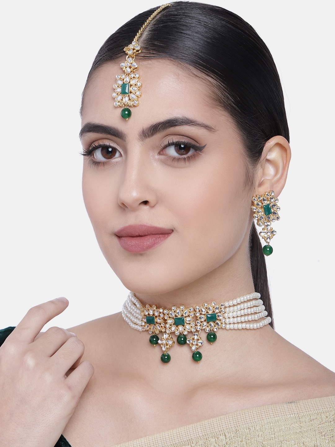 

I Jewels Green & White Gold Plated Kundan & Pearl Studded Necklace Set