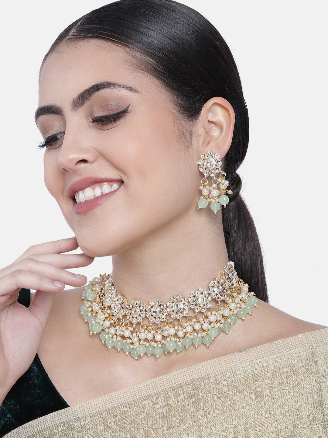 

I Jewels Sea Green & White Gold-Plated Kundan & Pearl Studded Necklace Set